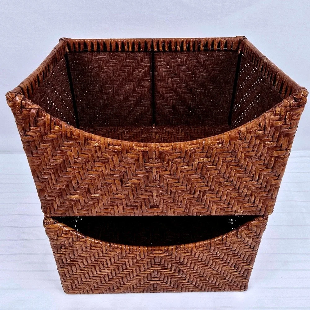 Set of 2 Woven Wicker Storage Baskets Brown Chevron Sloped‎ Farmhouse Organizer